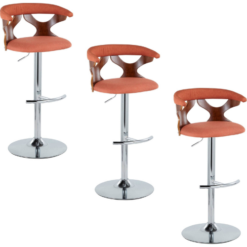 Gardenia Adjustable Swivel Bar Stool in Chrome, Walnut Wood & Orange Fabric (Set of 3)